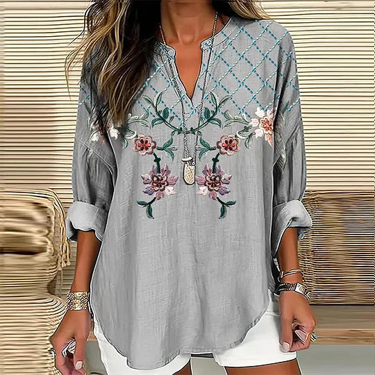 Split V-Neck 3/4 Sleeve Loose Fit Casual Top