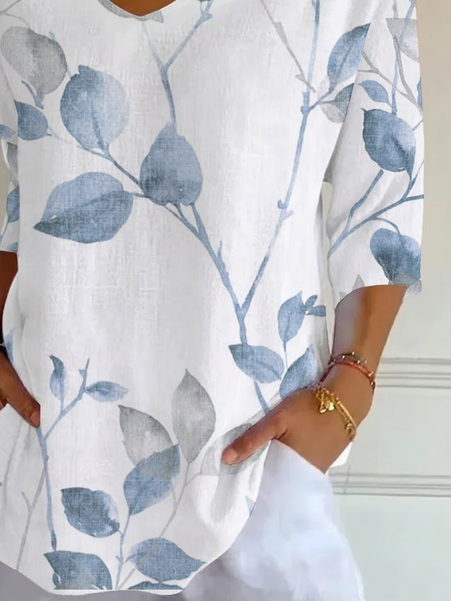 Women's Three Quarter Sleeve T-shirt Spring/Fall White Floral Printing V Neck Daily Going Out Casual Top