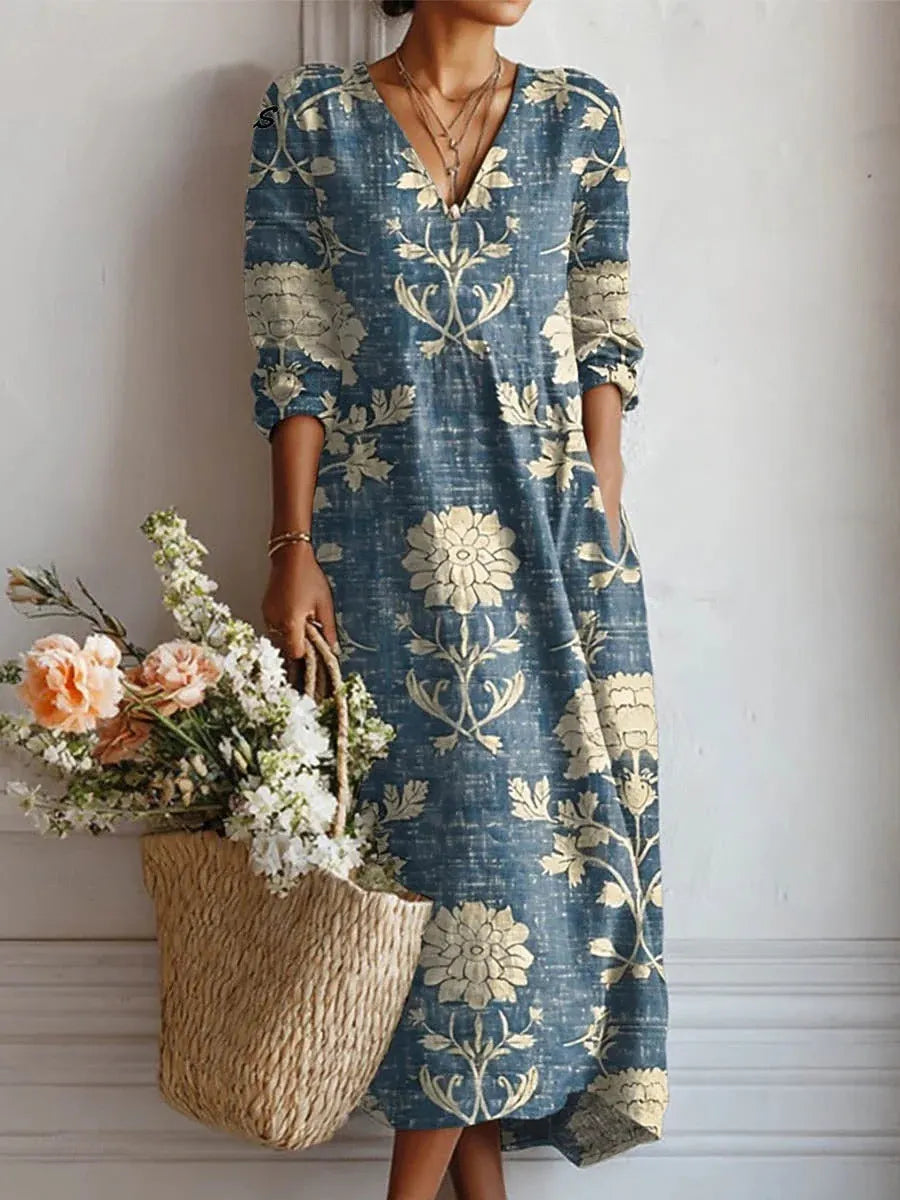 Women's Boho Floral Print Linen Maxi Dress