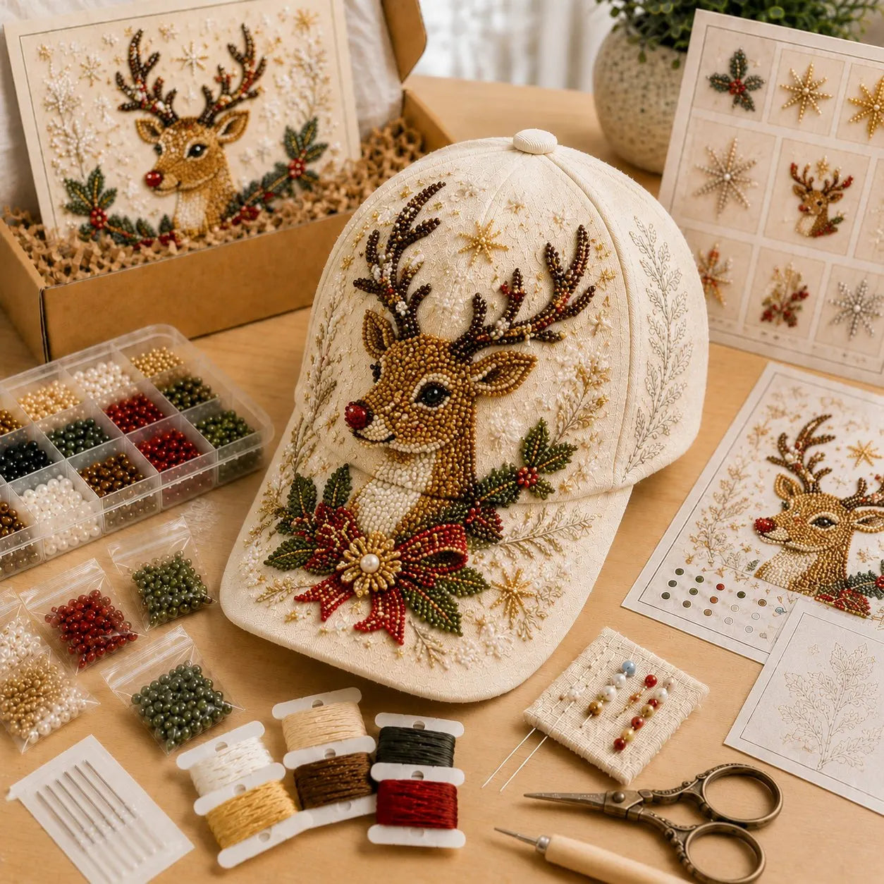 🔥HOT SALE🔥🎄🧢 Premium Christmas Beaded Hat DIY Kit | Luxury Flocked Canvas with Scratch-Resistant Non-Fading Pearl Beads DIY Handmade Holiday Cap Decor 🎅🪡✨