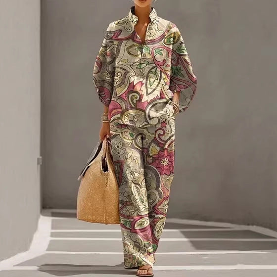 Stand-up collar polo shirt & wide-leg pants retro print two-piece set