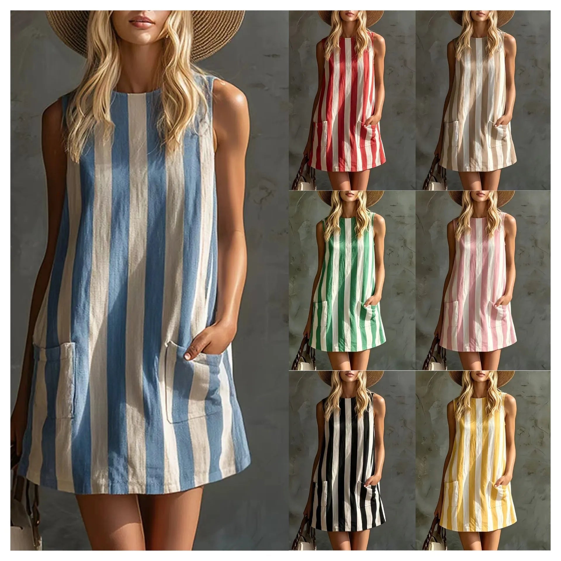 Summer Resort Women Vertical Stripe Loose Mini Dress