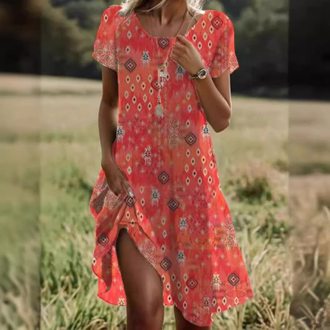Artistic ethnic style midi dress with a large round neck