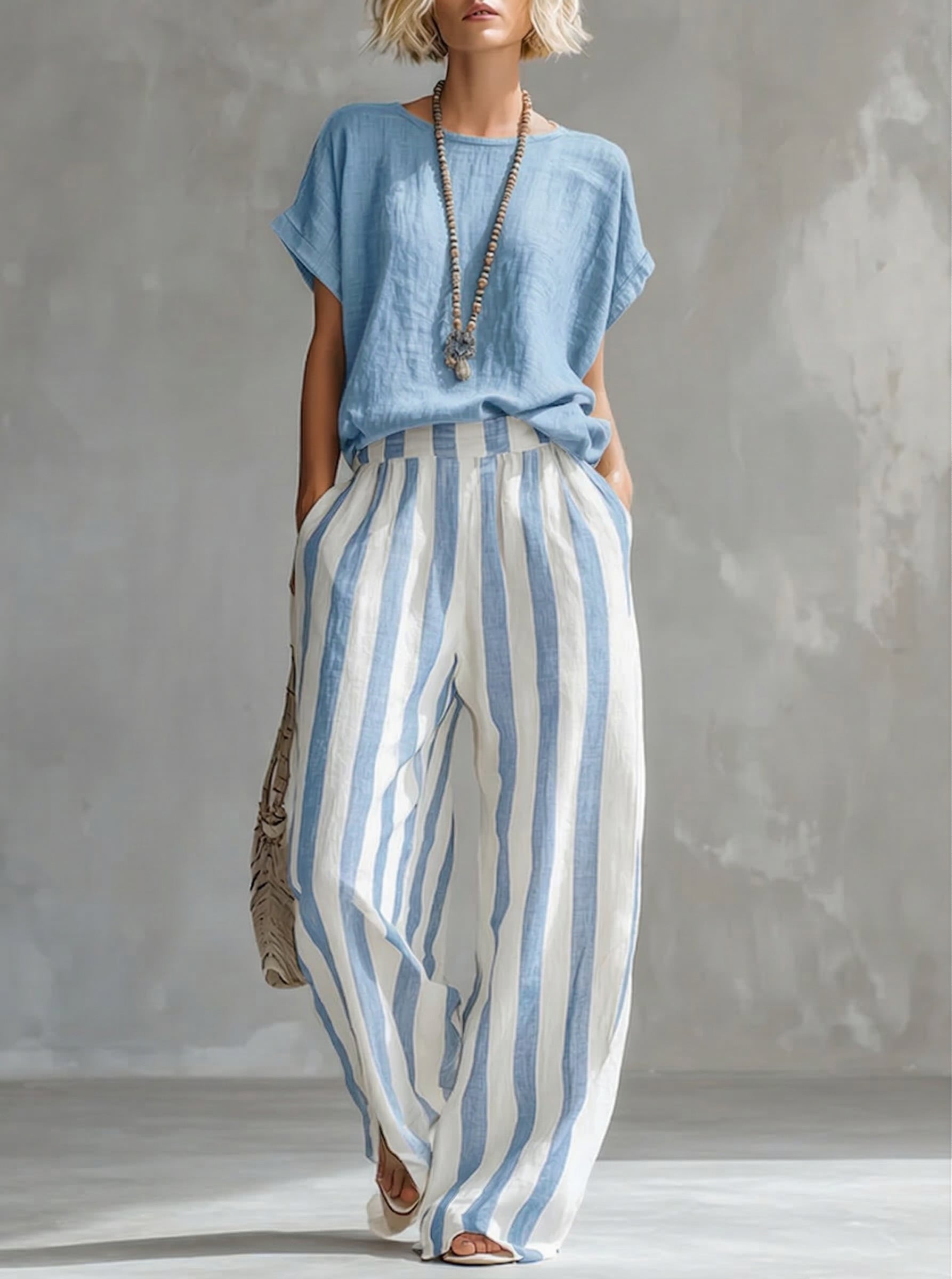 Linen Cotton Two Piece Set | Women's Striped Casual Outfit