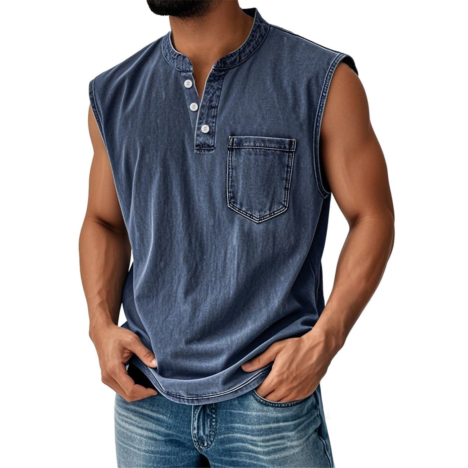Men Stand Collar Henley Sleeveless Tank Top