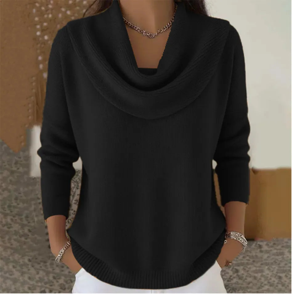 Women Cowl Collar Knit Sweater Solid Color Long Sleeve Pullover Casual Knit Top