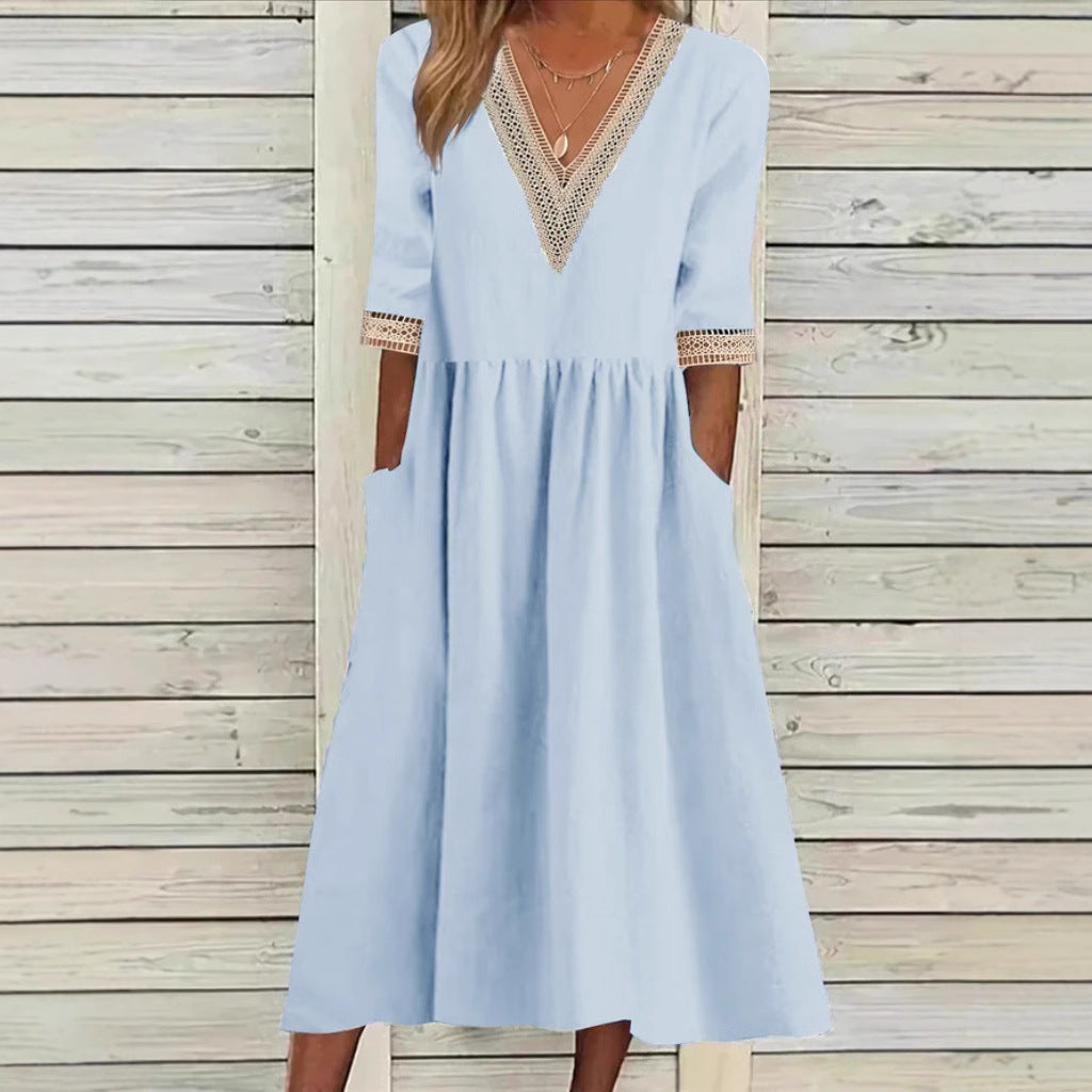 Women's V-Neck Lace Trim Midi Dress