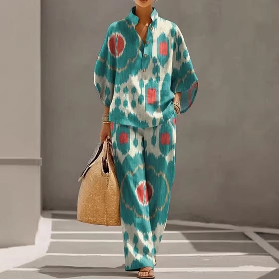 Stand-up collar polo shirt & wide-leg pants retro print two-piece set
