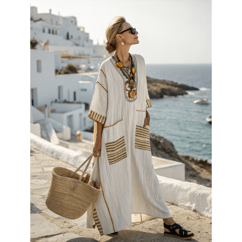 Women's V-Neck Linen-Blend Kaftan Dress