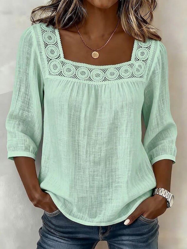 Linen Blend Square Neck Loose Elegant Blouse