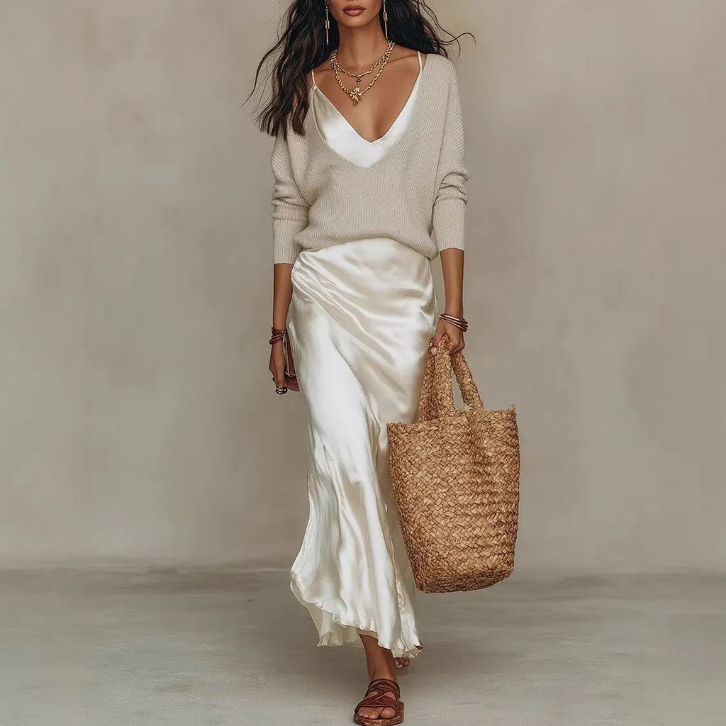 Women V Neck Loose Knit Pullover Satin Spaghetti Strap Midi Dress Layered 2 Piece Outfit Set