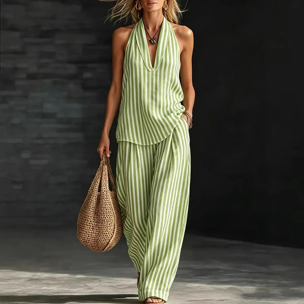 Relaxed Fit Vertical Stripe Two Piece Outfit, Ladies Backless Halter Top & High Waist Wide Leg Trousers Set