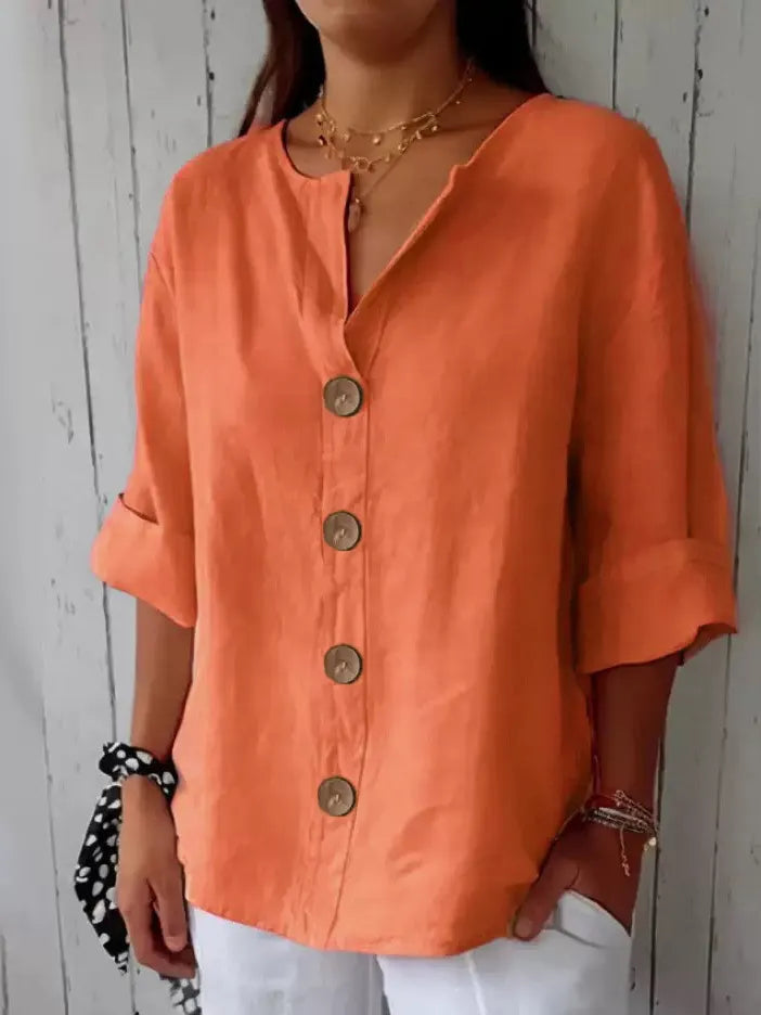 Loose Shirt Women's V-neck Cotton and Linen Button T-shirt Top Women