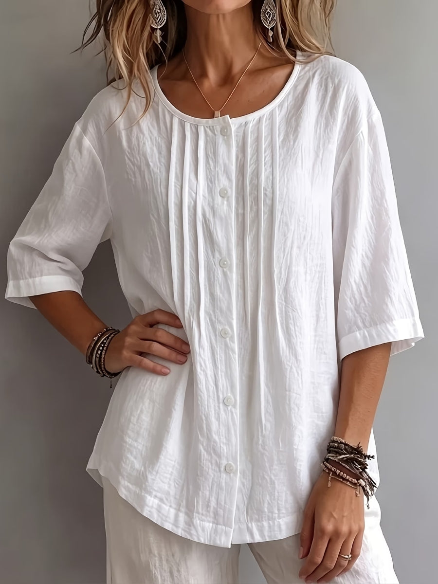 New Arrivals 🔥 Women's Round-Neck Pleated Shirt with 3/4 Sleeves