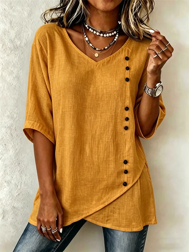 Vintage Loose Cotton-Blend V Neck Shirt