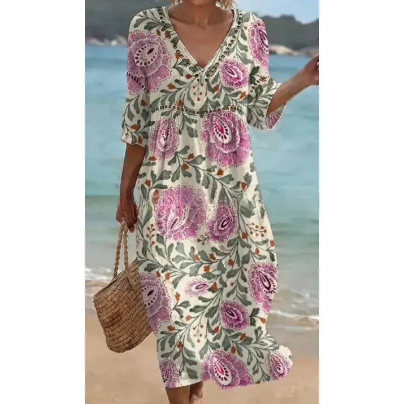 Women's V-Neck Floral & Print Midi Dress
