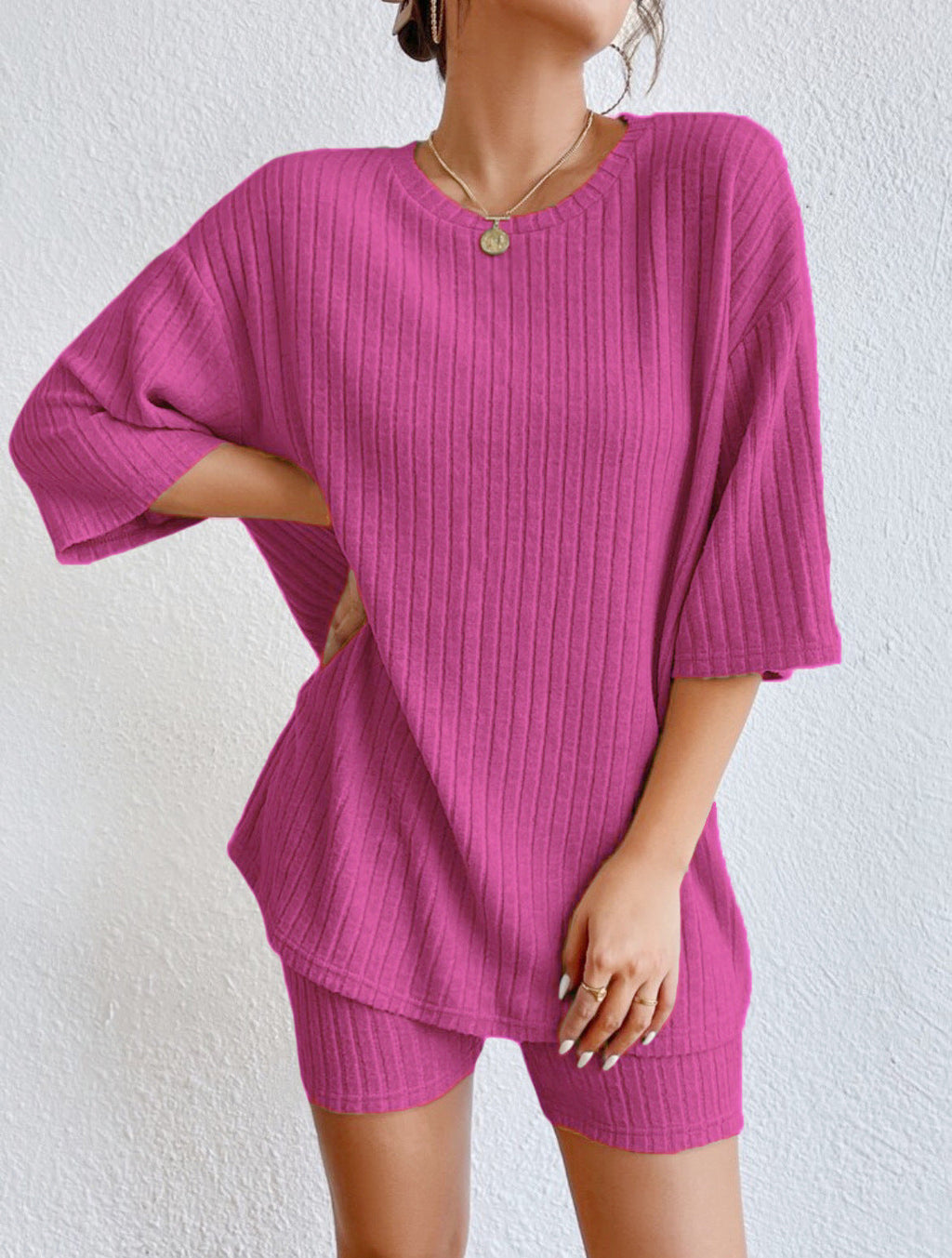 Women Crew Neck Drop Shoulder Half Sleeve Top & High Waist Shorts 2 Piece Loungewear Set