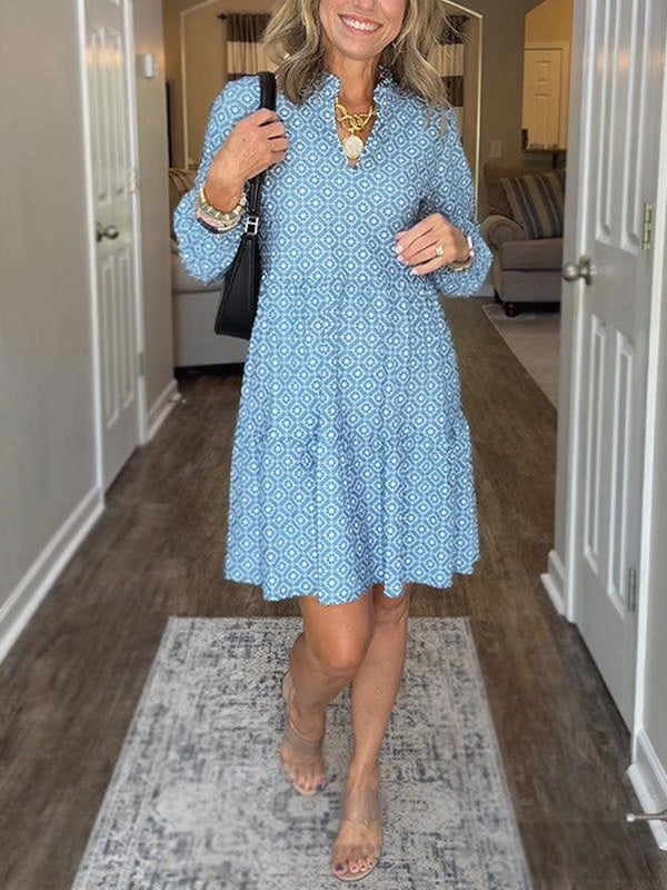 Women's V Neck Vintage Printed Dress