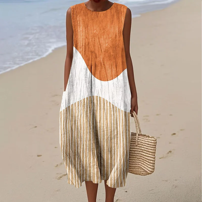 Cotton Linen Printed Midi Dress | Women's Sleeveless Beach Vacation Dress