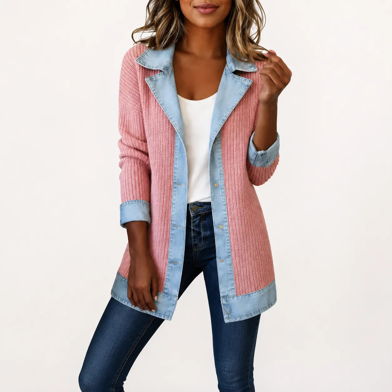 Elegant mixed-media denim and knit cardigan.