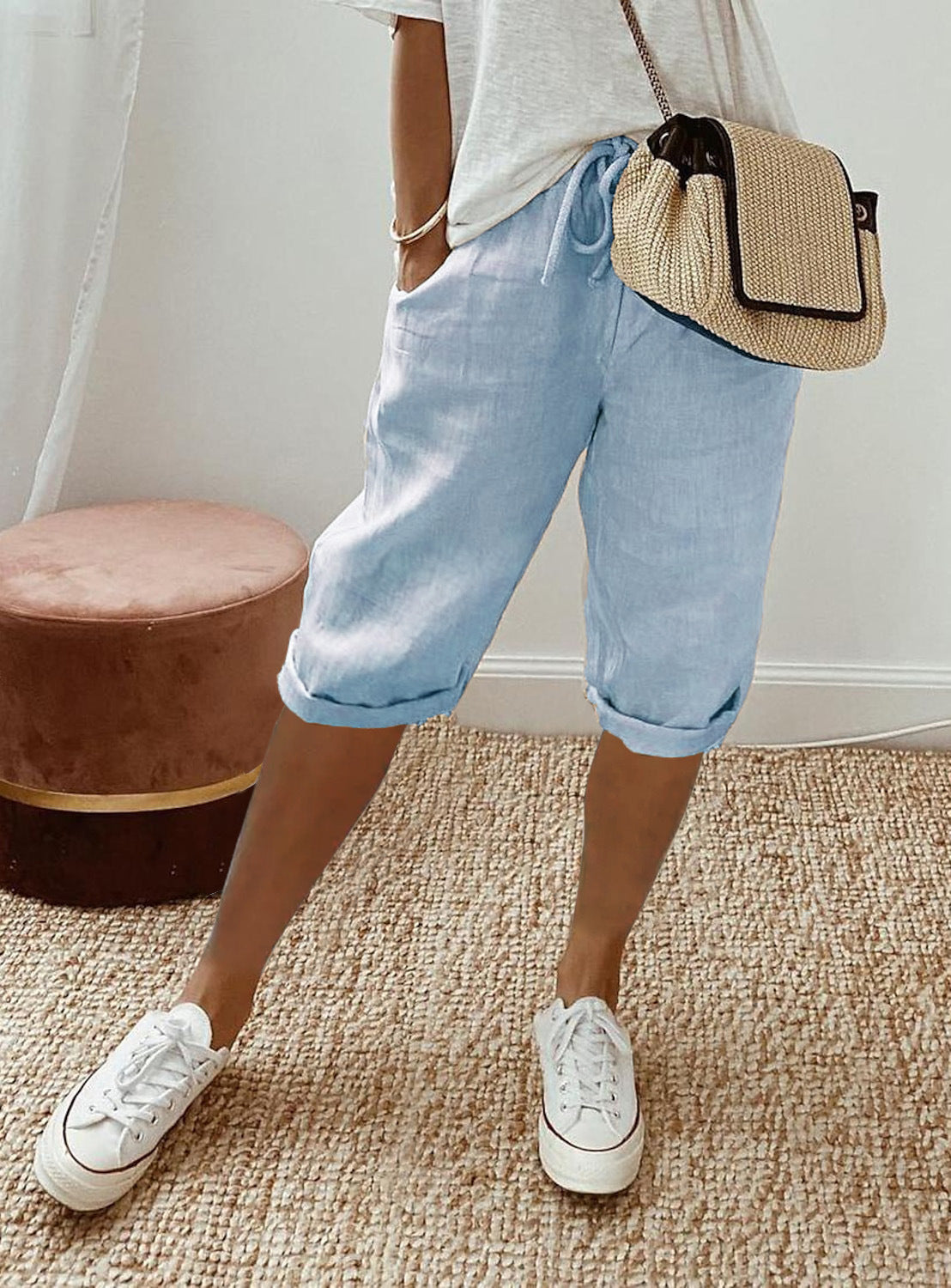 Women's Elastic Waist Casual Pants with Flap Pockets