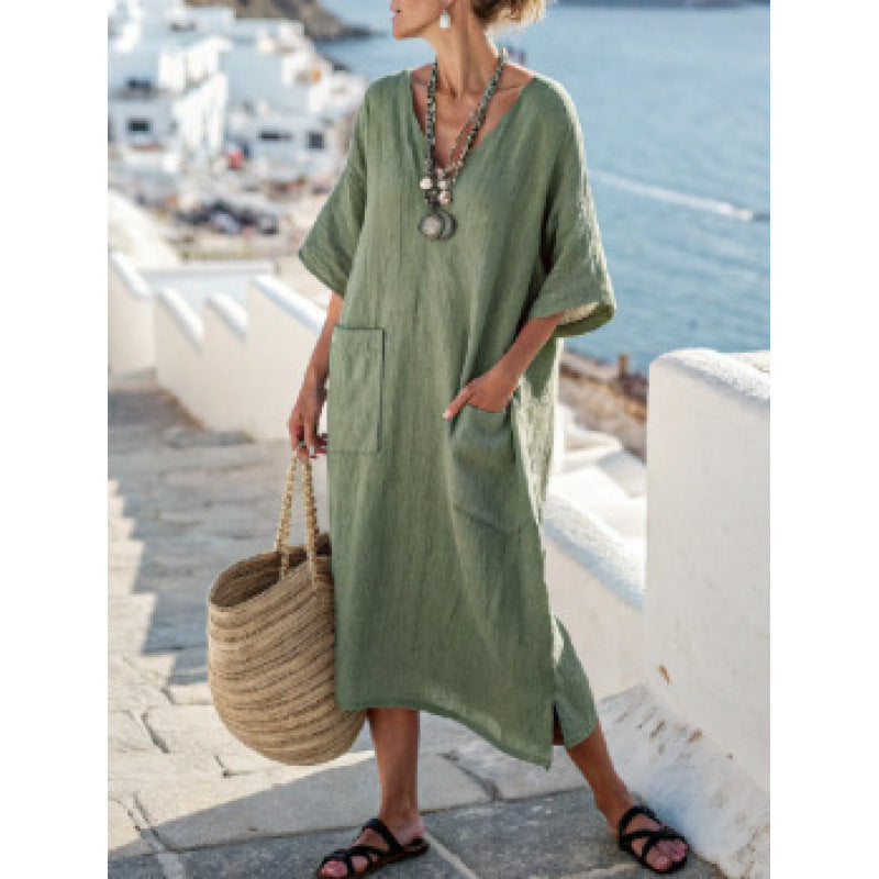 Women's V-Neck Linen-Blend Kaftan Dress