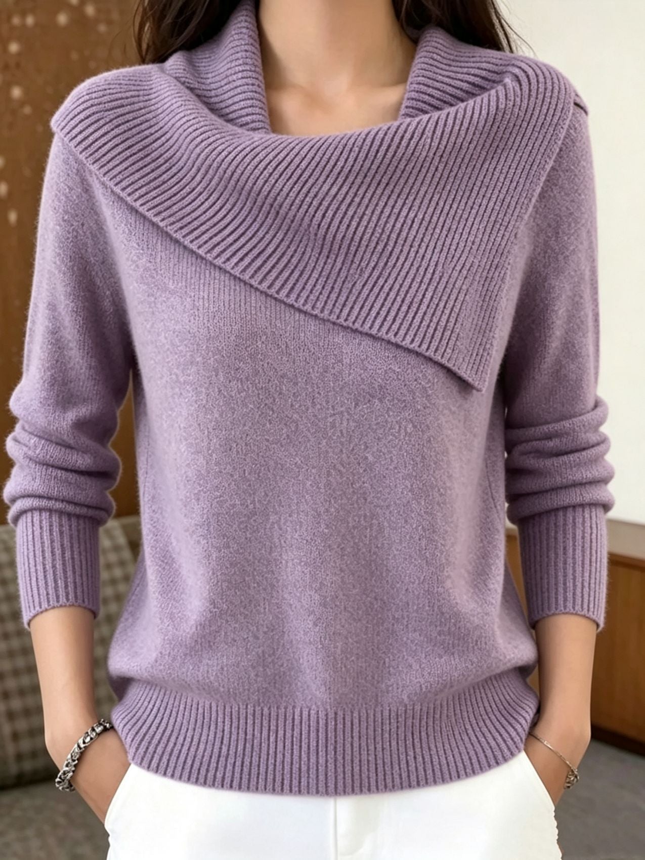 Women's Asymmetric Wide-Collar Knit Sweater