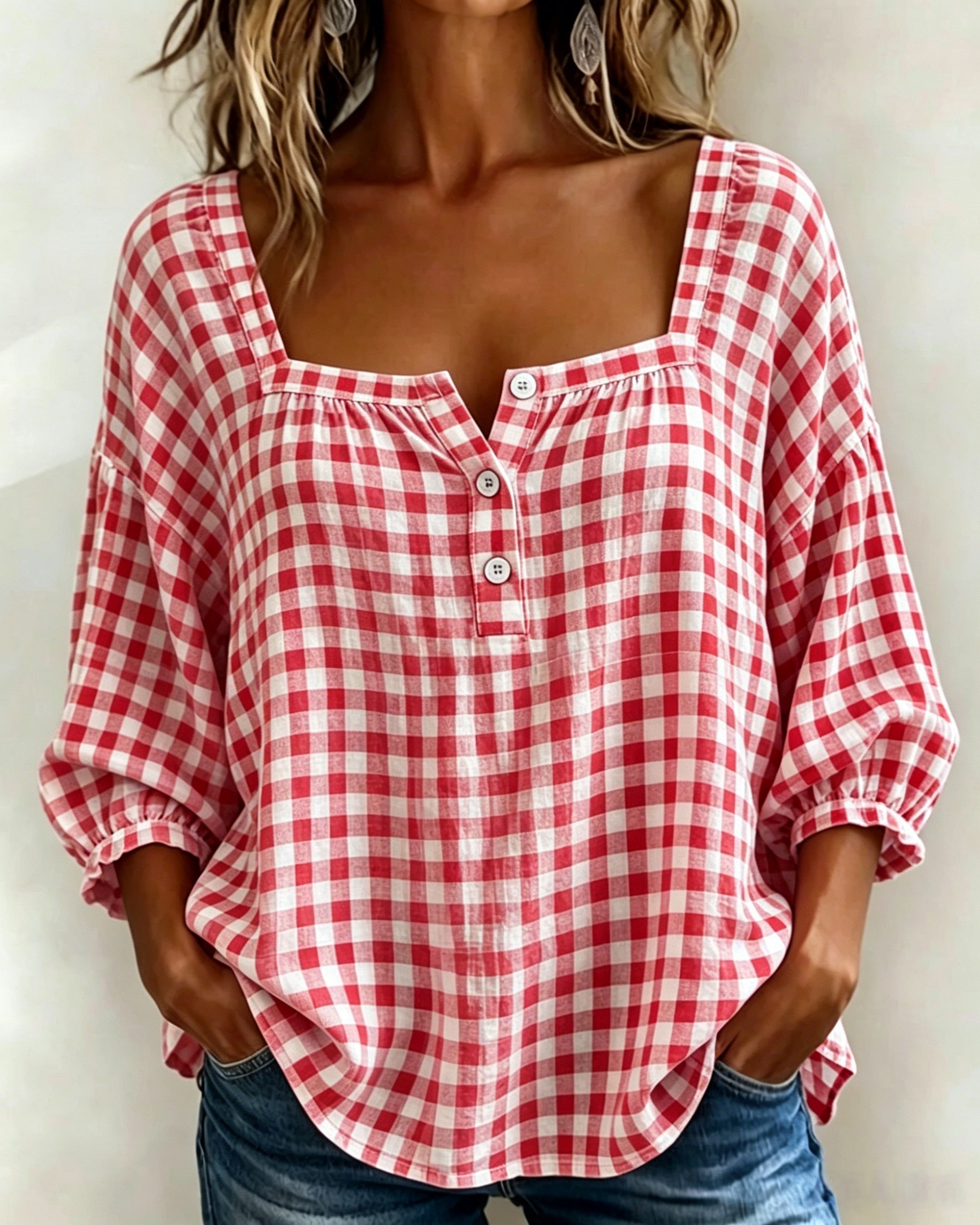 🌸Today 49% OFF🌸Women’s Cotton Linen Gingham Square-Neck Short-Sleeve Top
