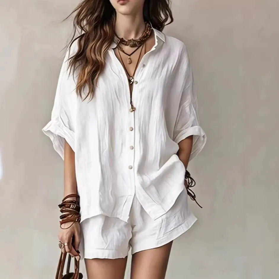 Solid-color loose button-down shirt and shorts set – stylish, casual plus-size matching set