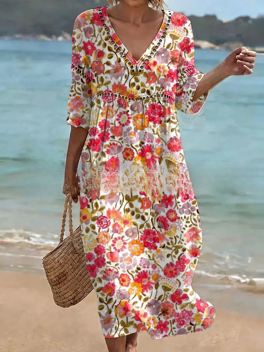 Women's V-Neck Floral & Print Midi Dress