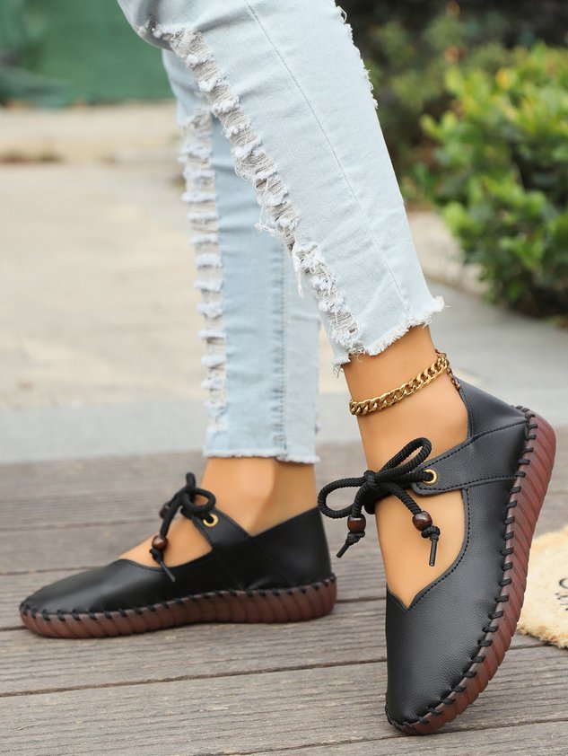 Vintage British Round Toe Women's PU Leather Shoes