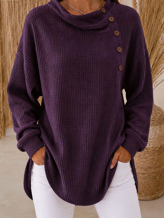 Stylish Asymmetrical Button Waffle Knit Tunic With Side Slit