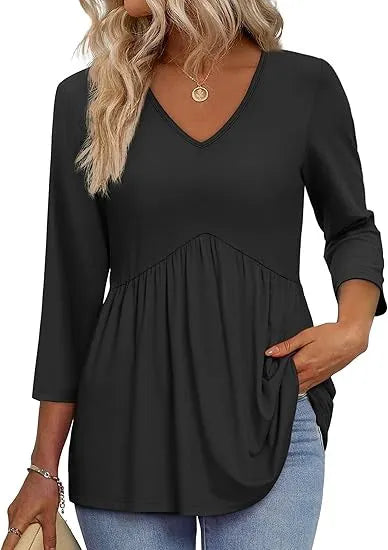 Women V Neck 3/4 Sleeve Leaf Print Empire Waist Tunic Top