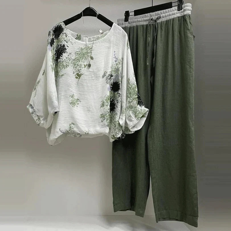 Women's Floral Print Two-Piece Set | Batwing Sleeve Top & Linen Wide Leg Pants