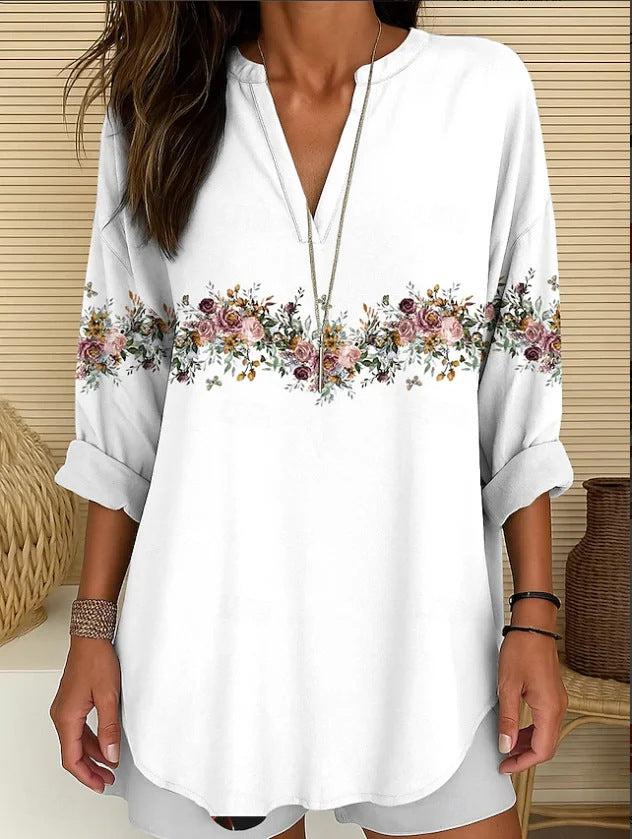 Split V-Neck 3/4 Sleeve Loose Fit Casual Top