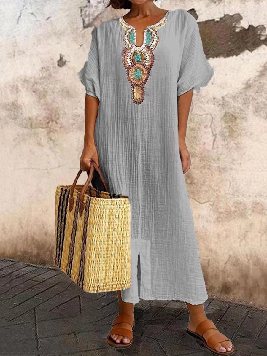 Women's Boho Embroidered Linen-Blend Kaftan Maxi Dress