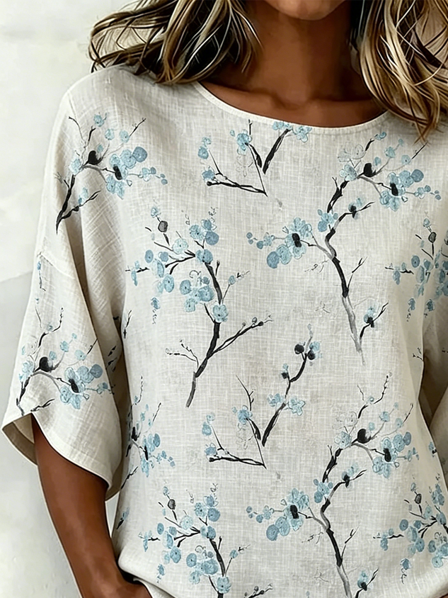 Cotton And Linen Floral Vintage Loose Shirt