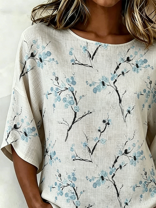 Cotton And Linen Floral Vintage Loose Shirt