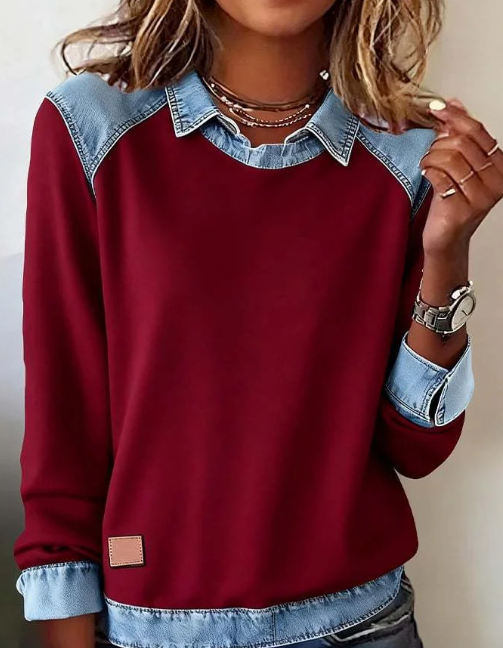 Denim Collar Patchwork Knit Pullover