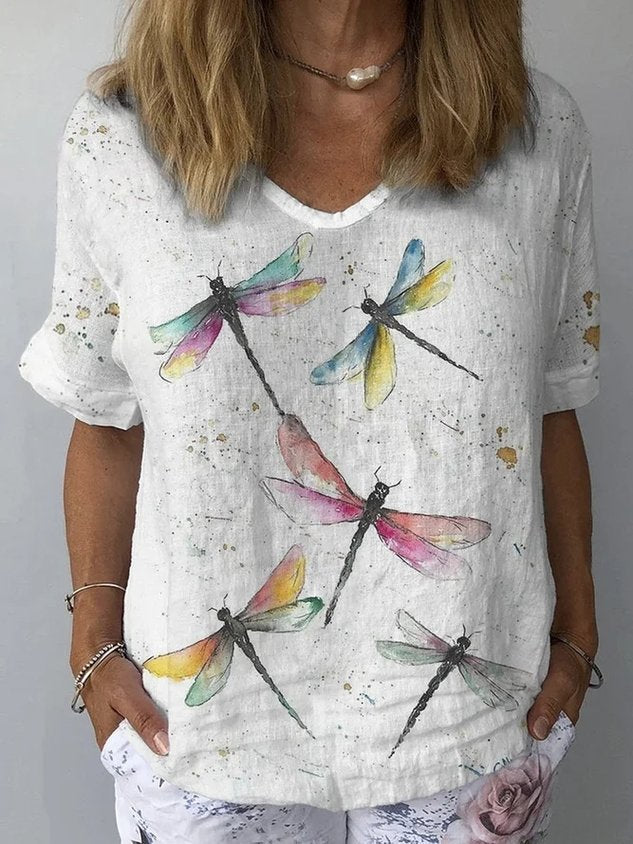 Cotton And Linen Butterfly Elegant T-Shirt