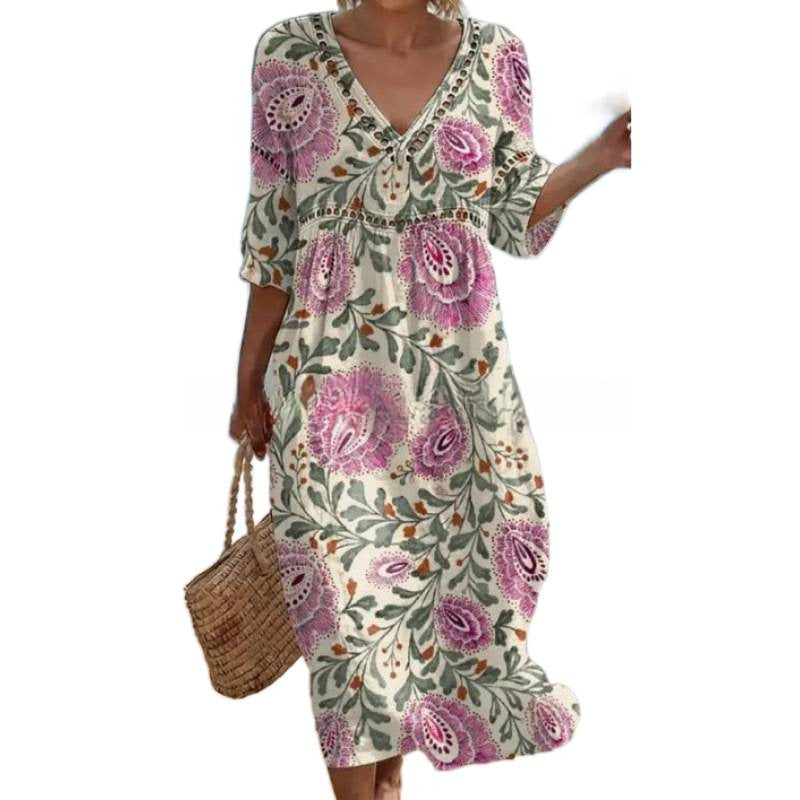 Women's V-Neck Floral & Print Midi Dress