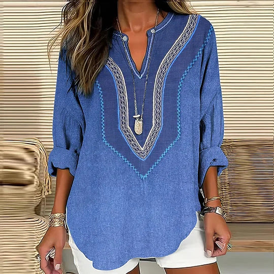 Split V-Neck 3/4 Sleeve Loose Fit Casual Top