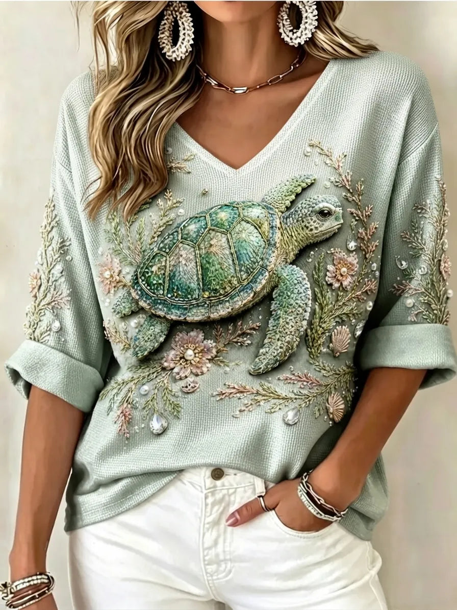 Women's Ocean Embellished V-Neck Knit Top – Relaxed Rolled Sleeve Style