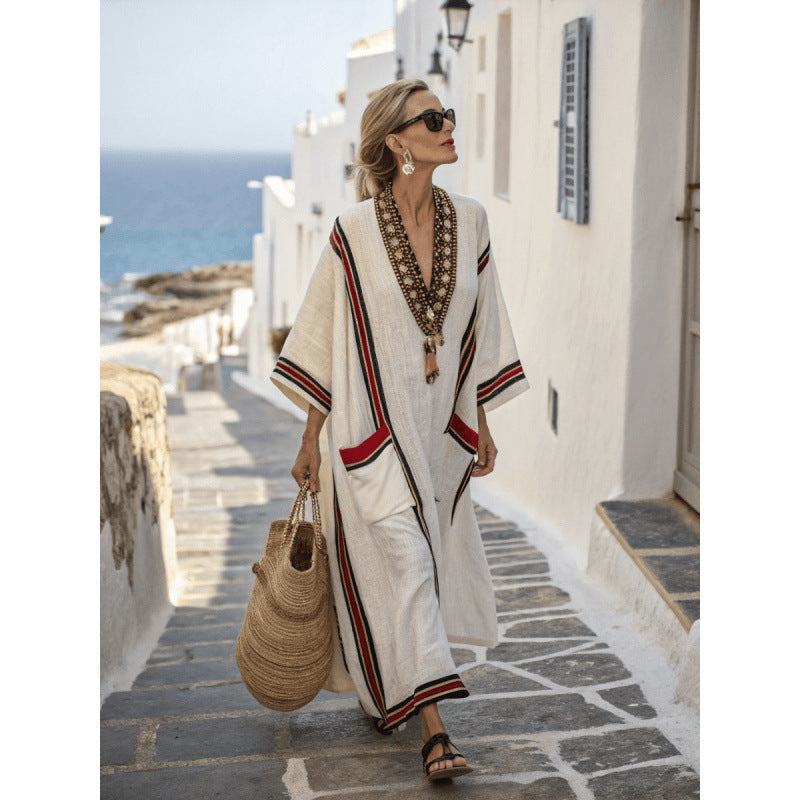 Women's V-Neck Linen-Blend Kaftan Dress
