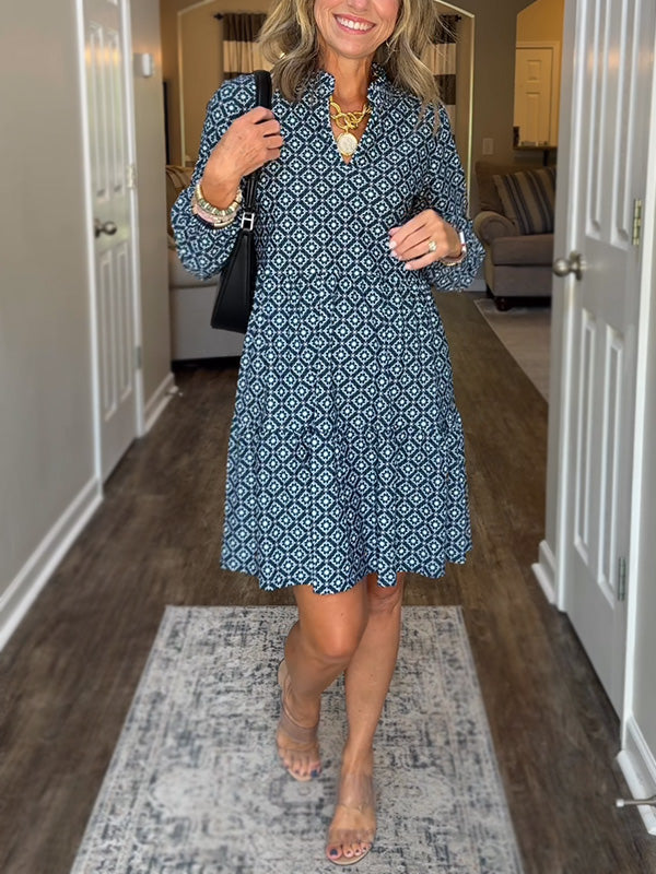 Women's V Neck Vintage Printed Dress