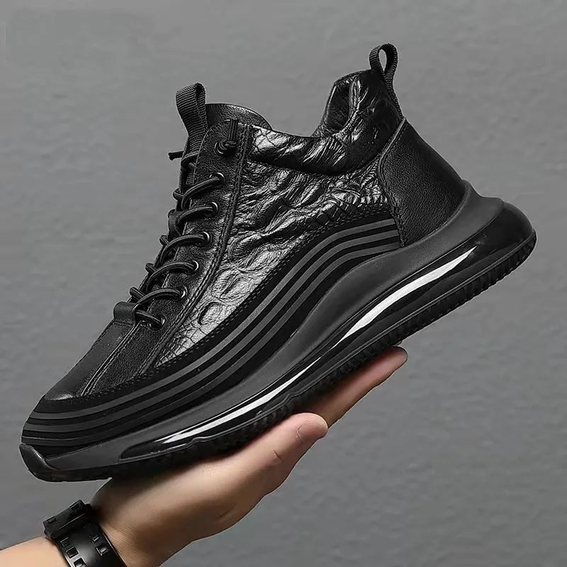 Mens Crocodile Print Genuine Leather Non-slip Arch Support Casual Sneakers