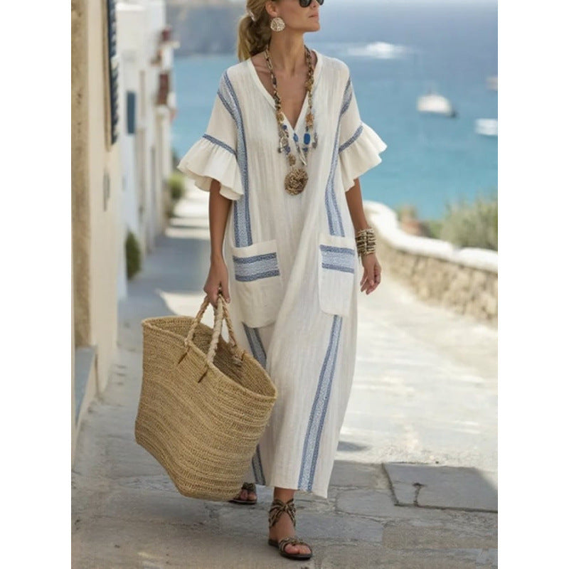 Women's V-Neck Linen-Blend Kaftan Dress