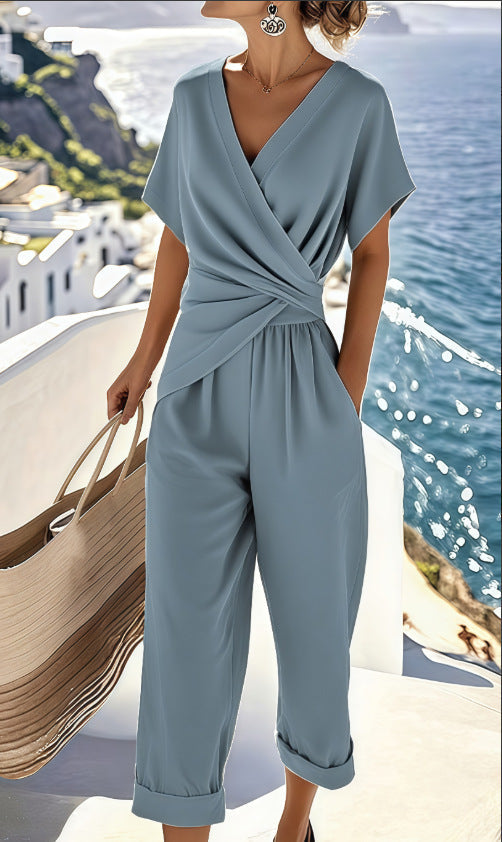 Wrap V Neck Twisted Waist Pocket Jumpsuit Women