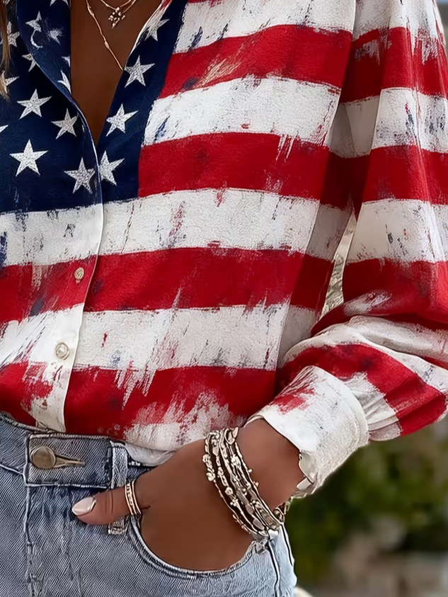 Women's Long Sleeve Shirt Spring/Fall As Picture America Flag Buckle Shirt Collar Regular Sleeve Daily Going Out Casual Top
