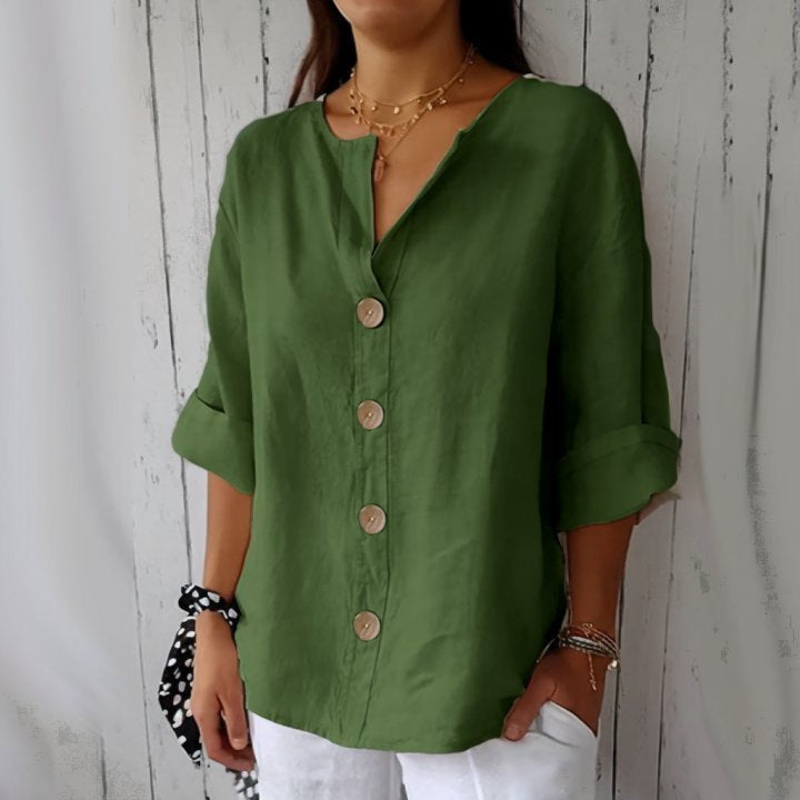 Loose Shirt Women's V-neck Cotton and Linen Button T-shirt Top Women